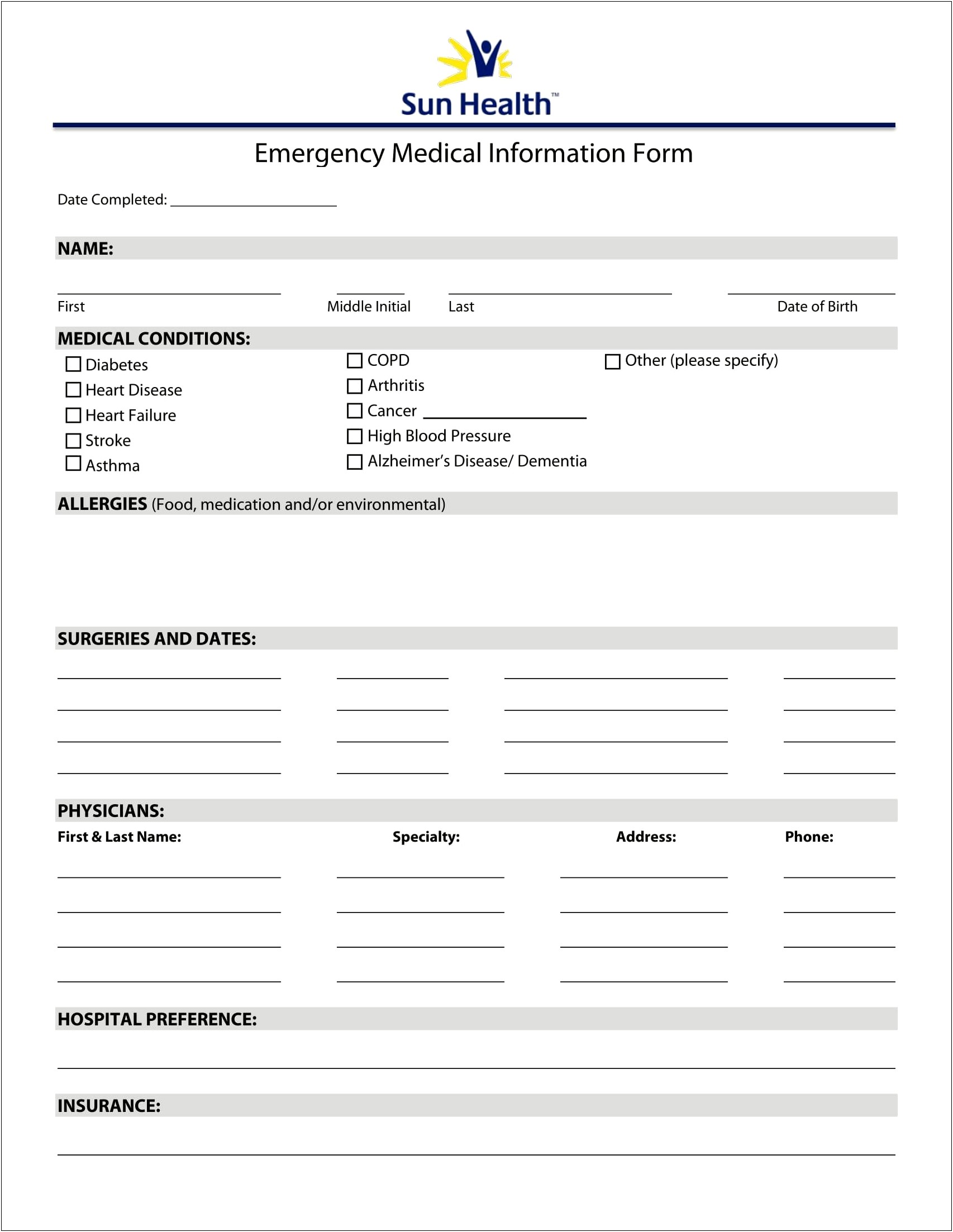 Medical Contact Information Form Template Word