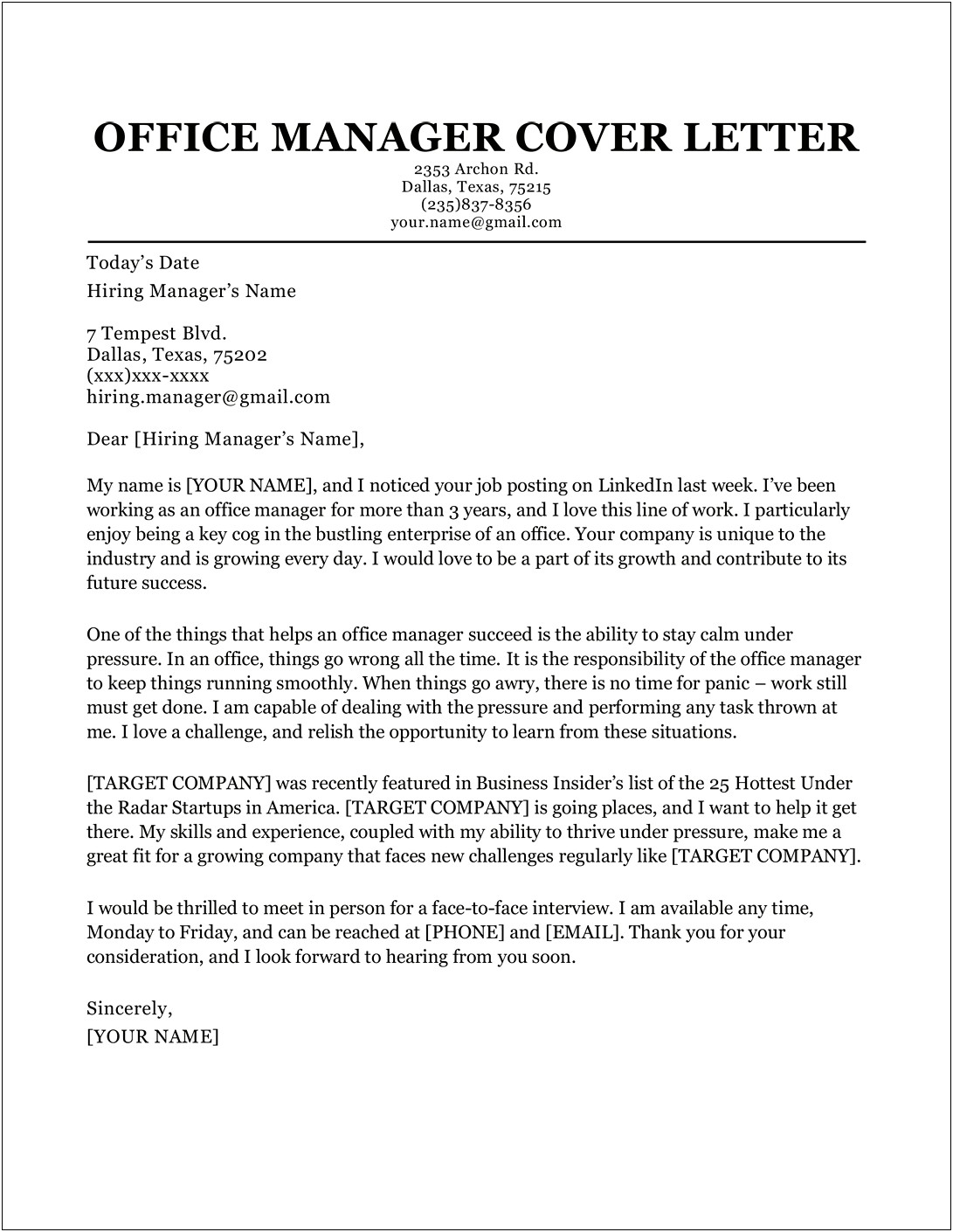 Medical Office Manager Cover Letter Template