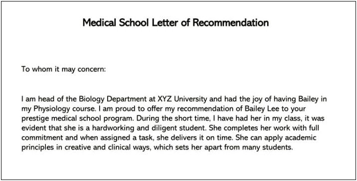 Medical School Recommendation Letter Request Template