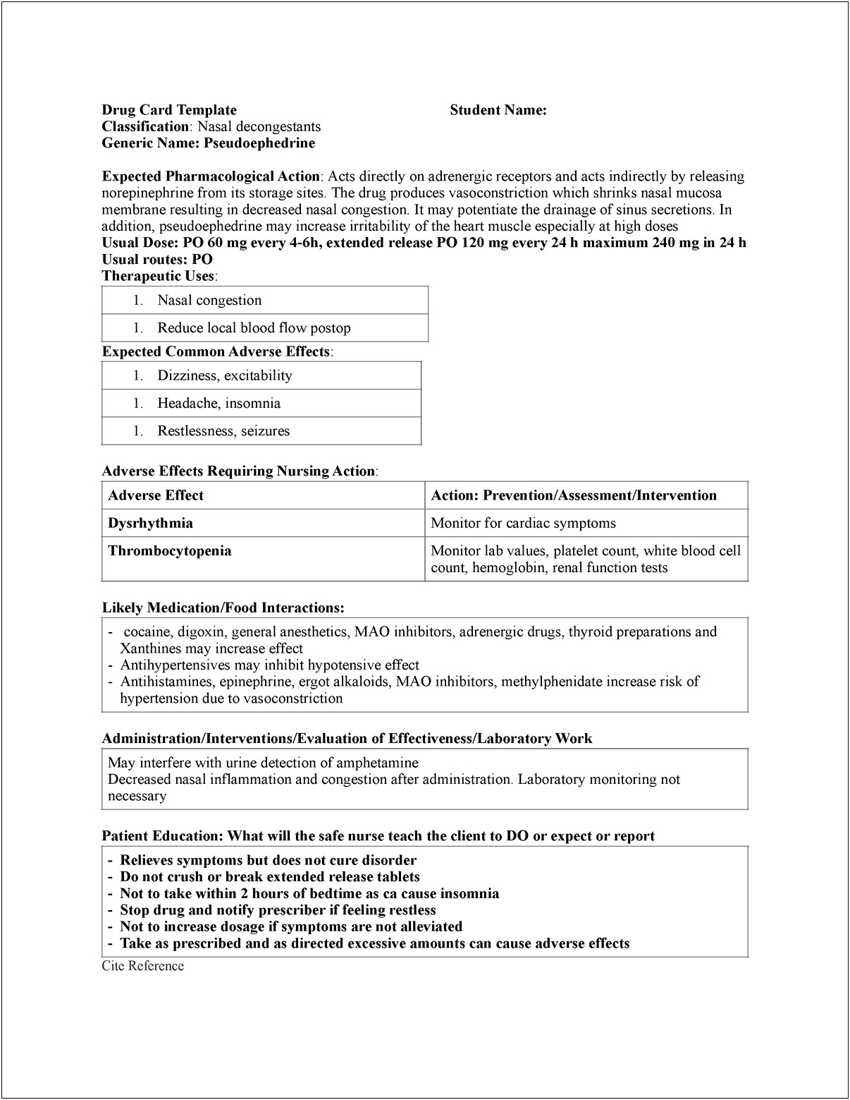 Medication Card Template For Nursing Students