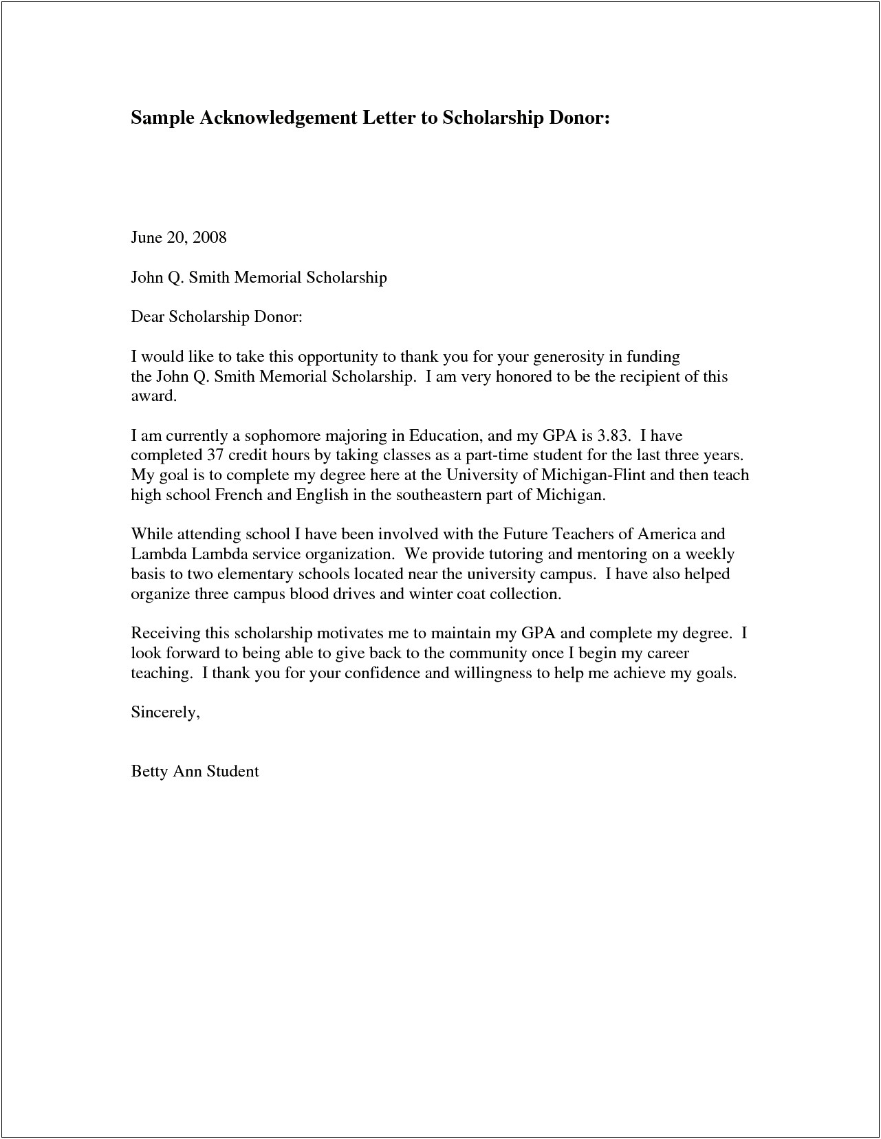 Memorial Donation Thank You Letter Template Microsoft Word