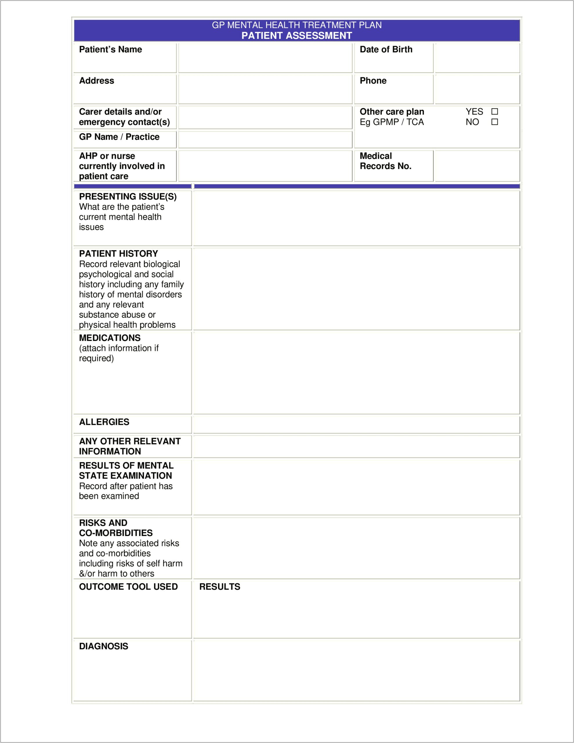 Mental Health Care Plan Template Pdf