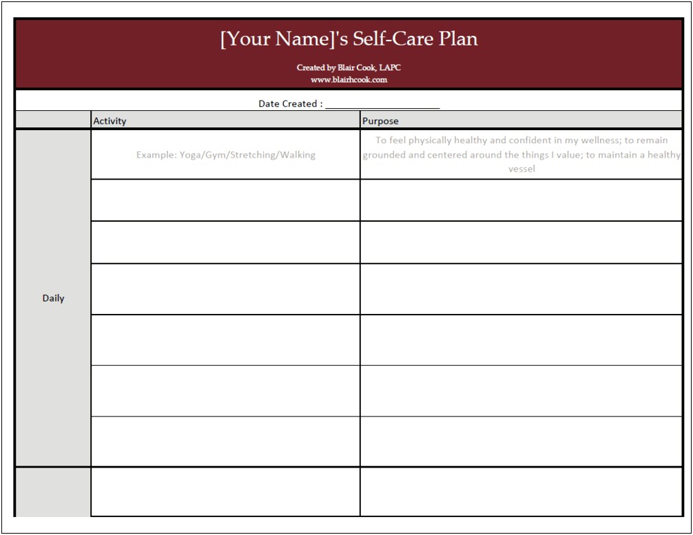 Mental Health Self Care Plan Template