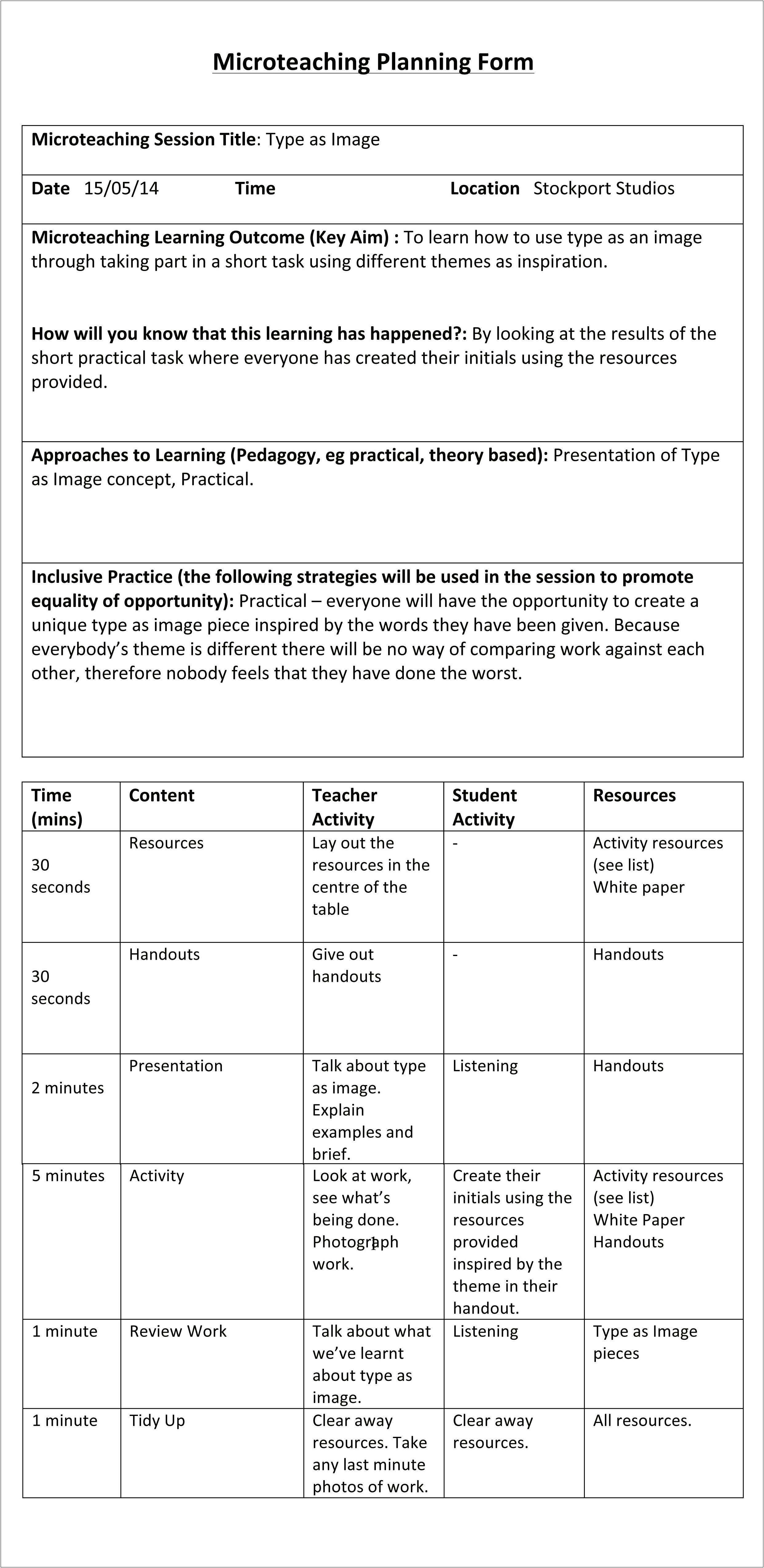 Micro Teach Lesson Plan Template Uk