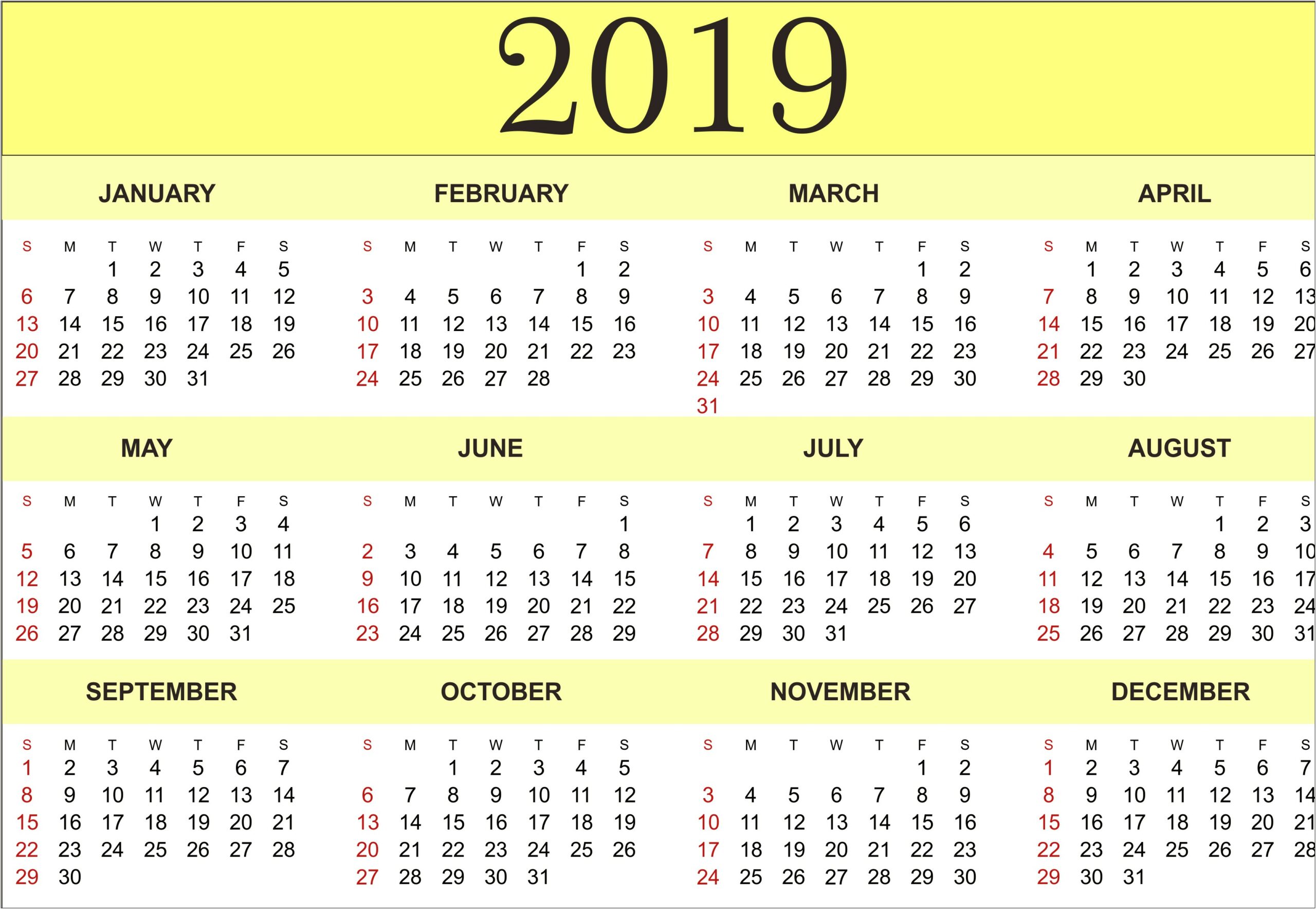Microsoft Word 12 Month Calendar Template 2019