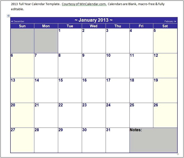 Microsoft Word Blank Calendar Template 2013