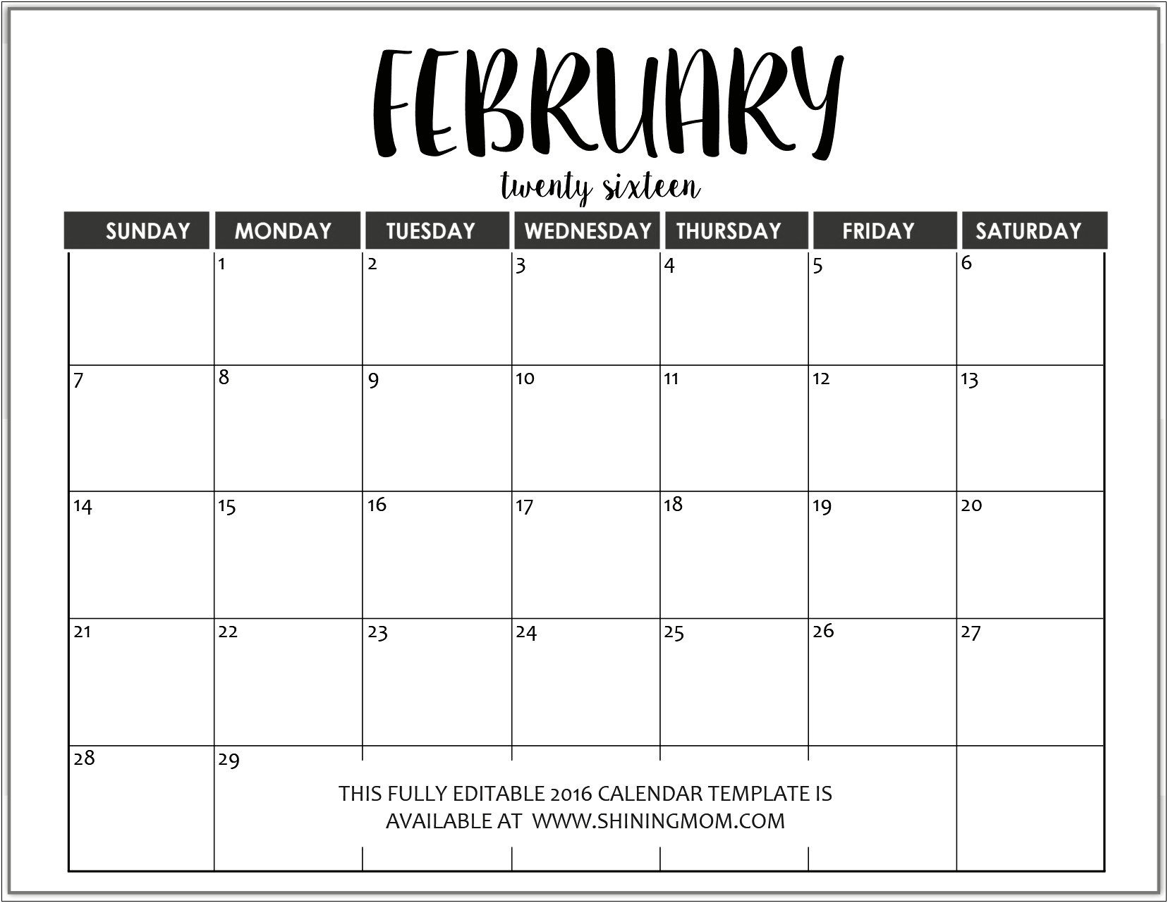 Microsoft Word Calendar Template February 2018