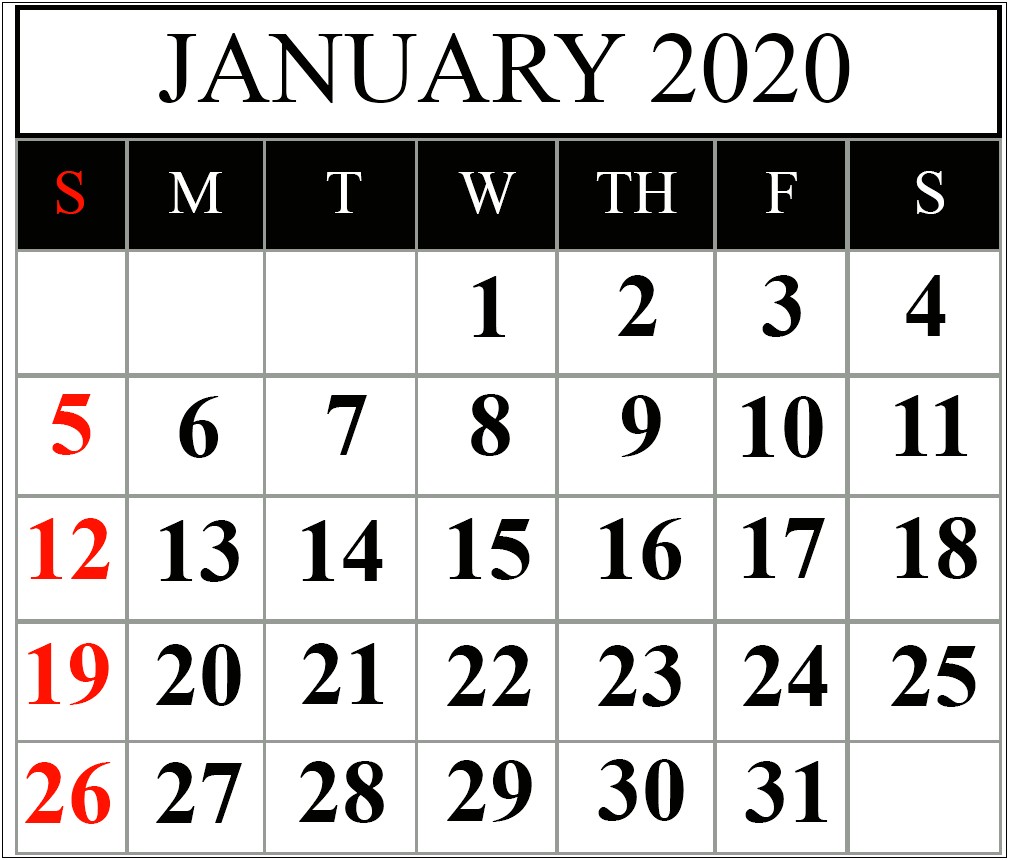 Microsoft Word Calendar Template January 2020