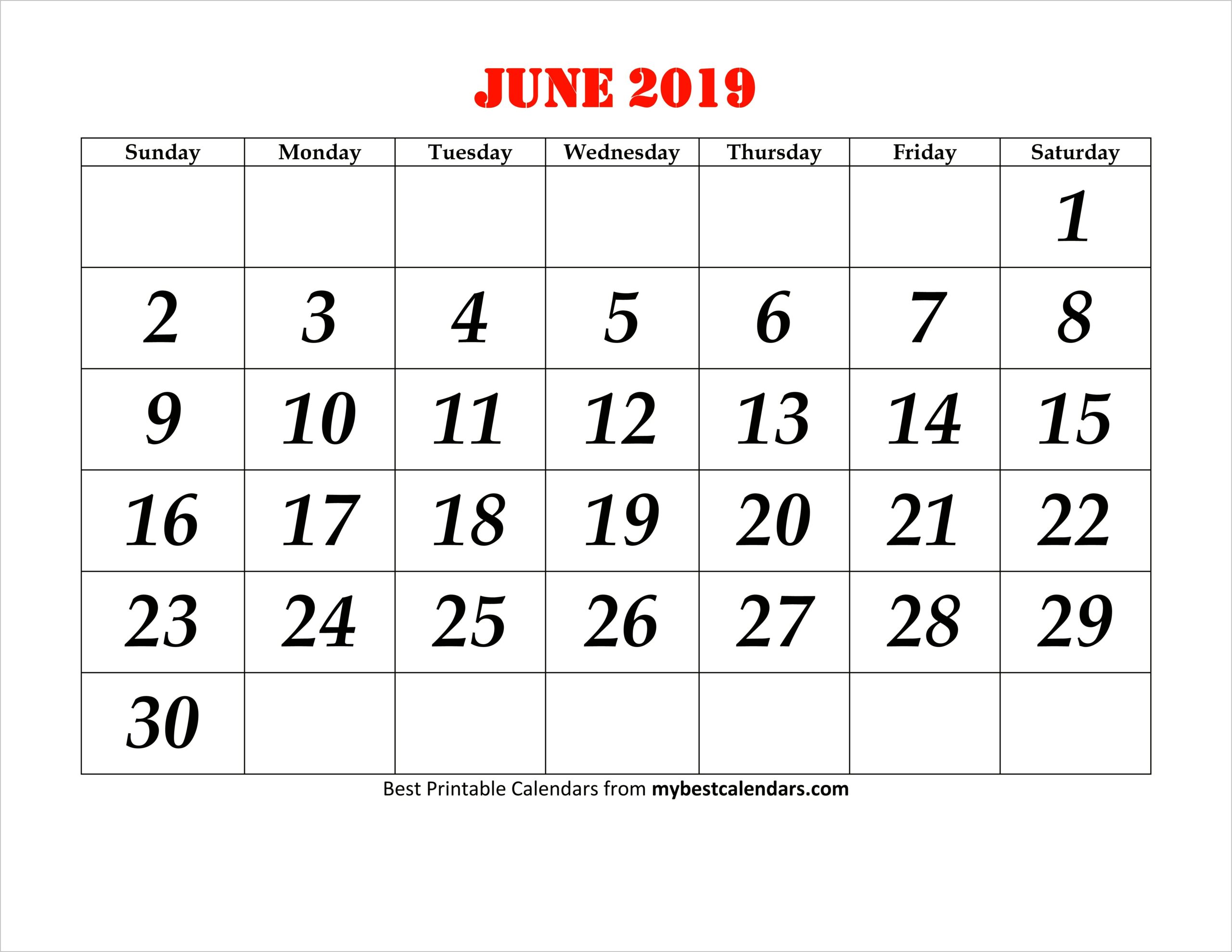 Microsoft Word Calendar Template June 2019