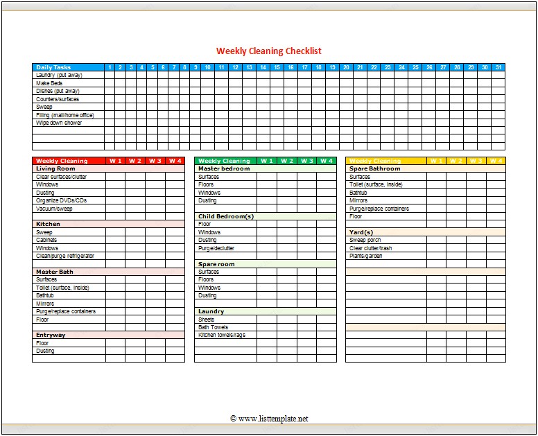 Microsoft Word Daily Cleaning List Template