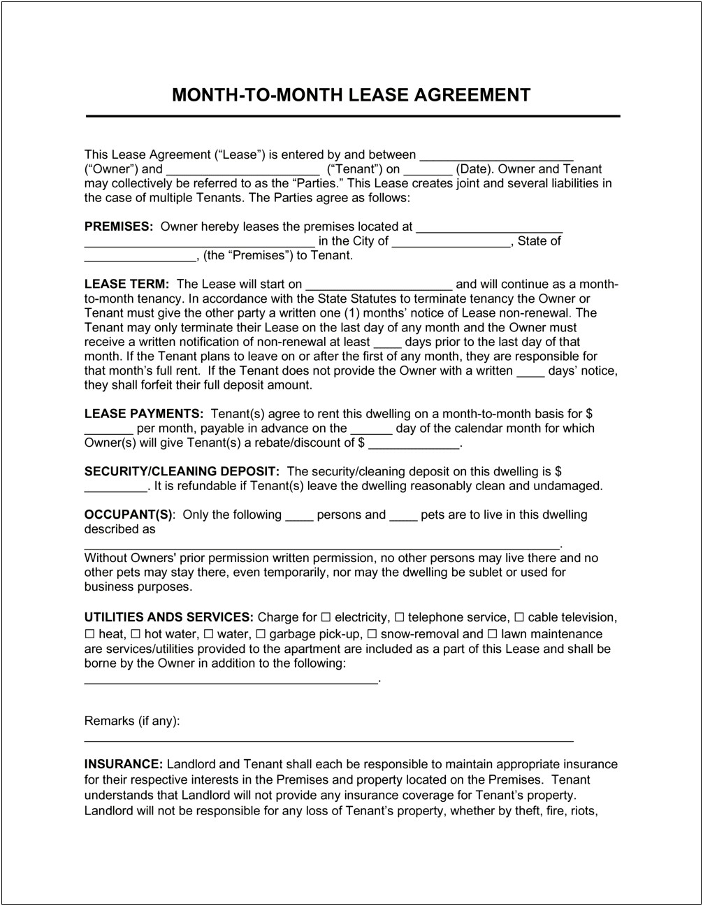 Microsoft Word Month To Month Rental Agreement Template