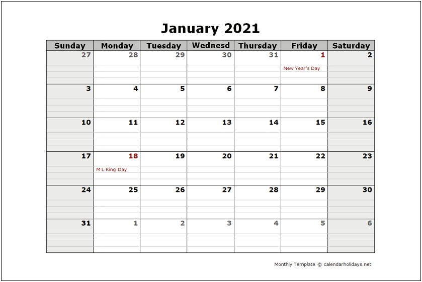 Microsoft Word One Month Calendar Template