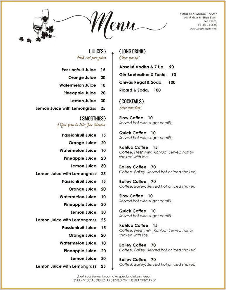 Microsoft Word Printable Menu Card Template