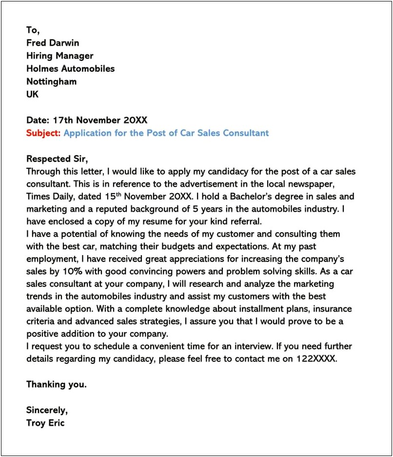 Microsoft Word Sales Cover Letter Template