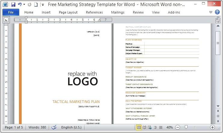 Microsoft Word Template 1 Page Plan