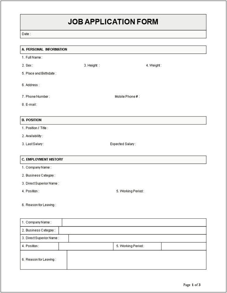 Microsoft Word Template Application For Employment