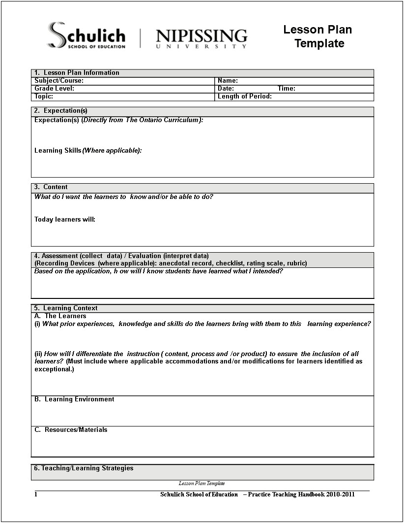 Middle School Lesson Plan Template Pdf