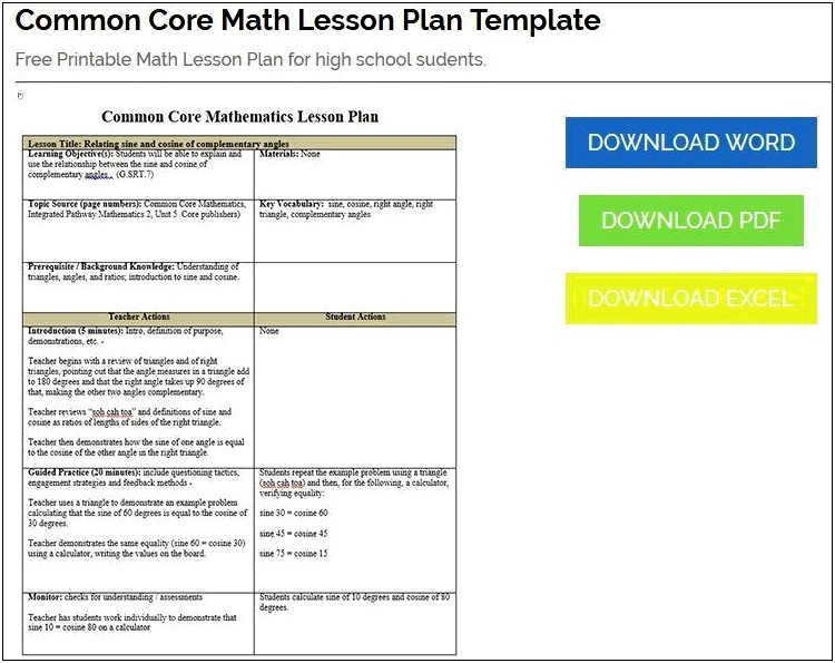 Middle School Math Common Core Lesson Plan Template