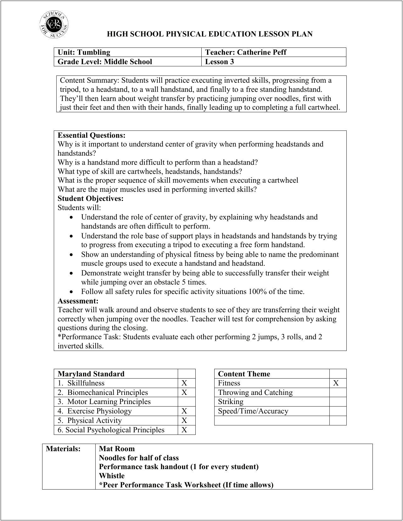 Middle School Physical Education Lesson Plan Template