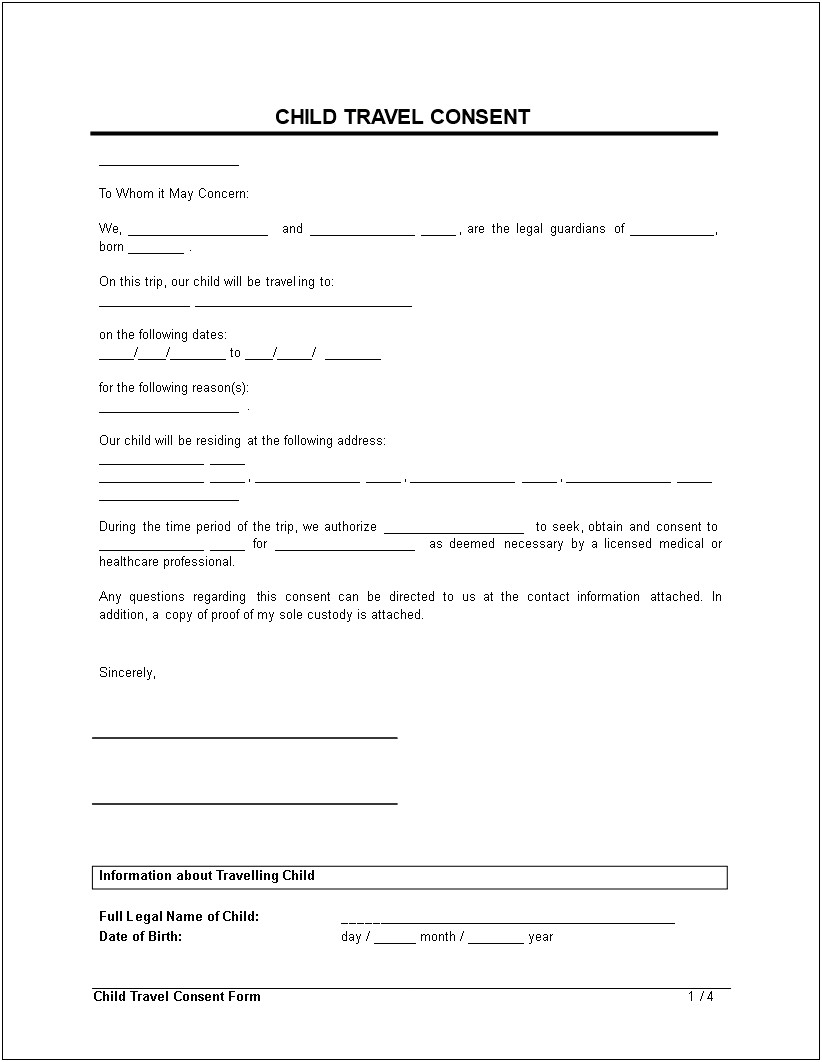 Minor Travel Consent Form Template Word