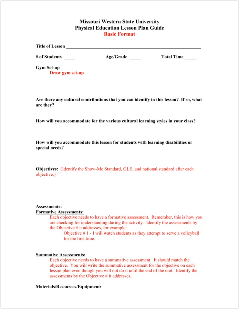 Missouri State University Lesson Plan Template