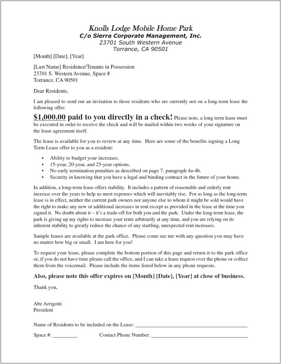 Mobile Home Park Tenant Safety Letter Template