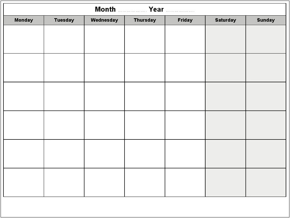 Monday Through Friday Weekly Calendar Template Word