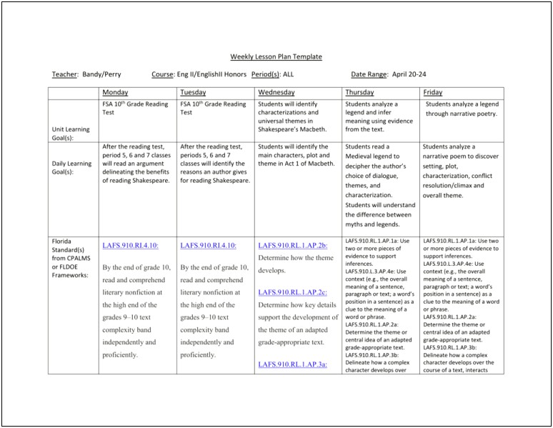 Monday Thru Friday Lesson Plan Template