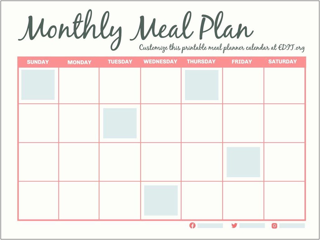 Monthly Calendar Template For Dinner Meal Planning