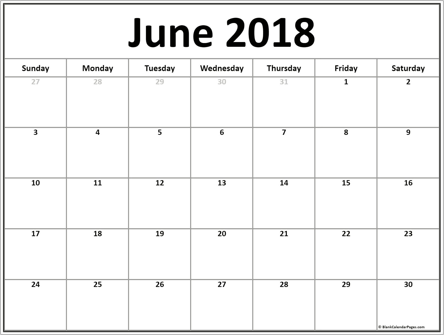 Monthly Calendar Template June 2018 Word
