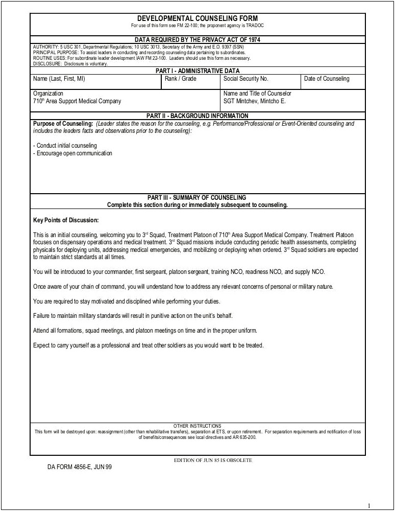 Monthly Counseling Plan Of Action Template Us Army