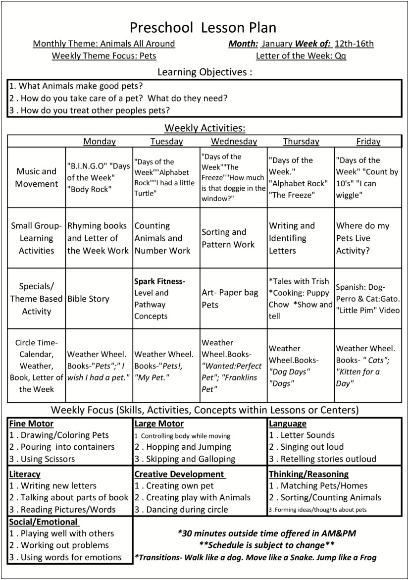 Monthly Lesson Plan Template For Pre K