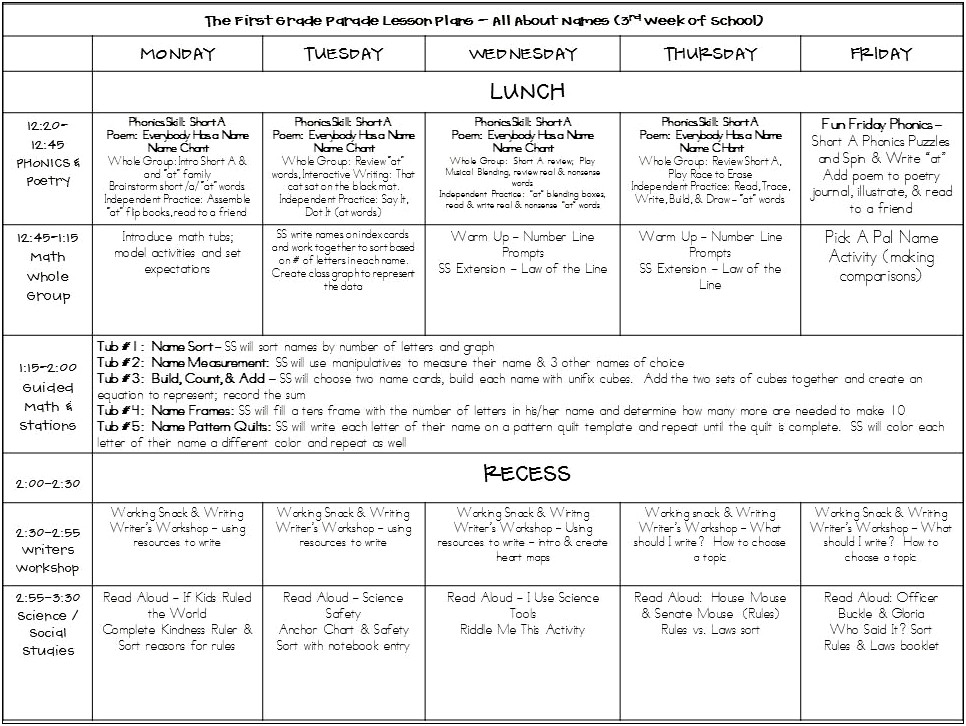 Morning Board Work Lesson Plan Template