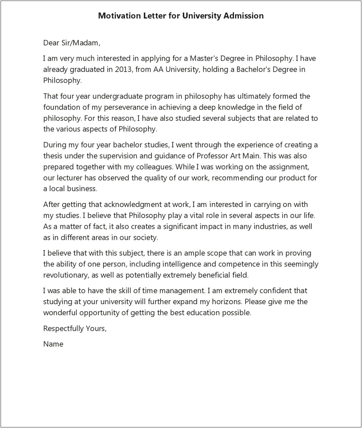 Motivation Letter Template For Master Degree