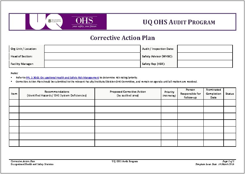 Ms Word Template Audit Corrective Action