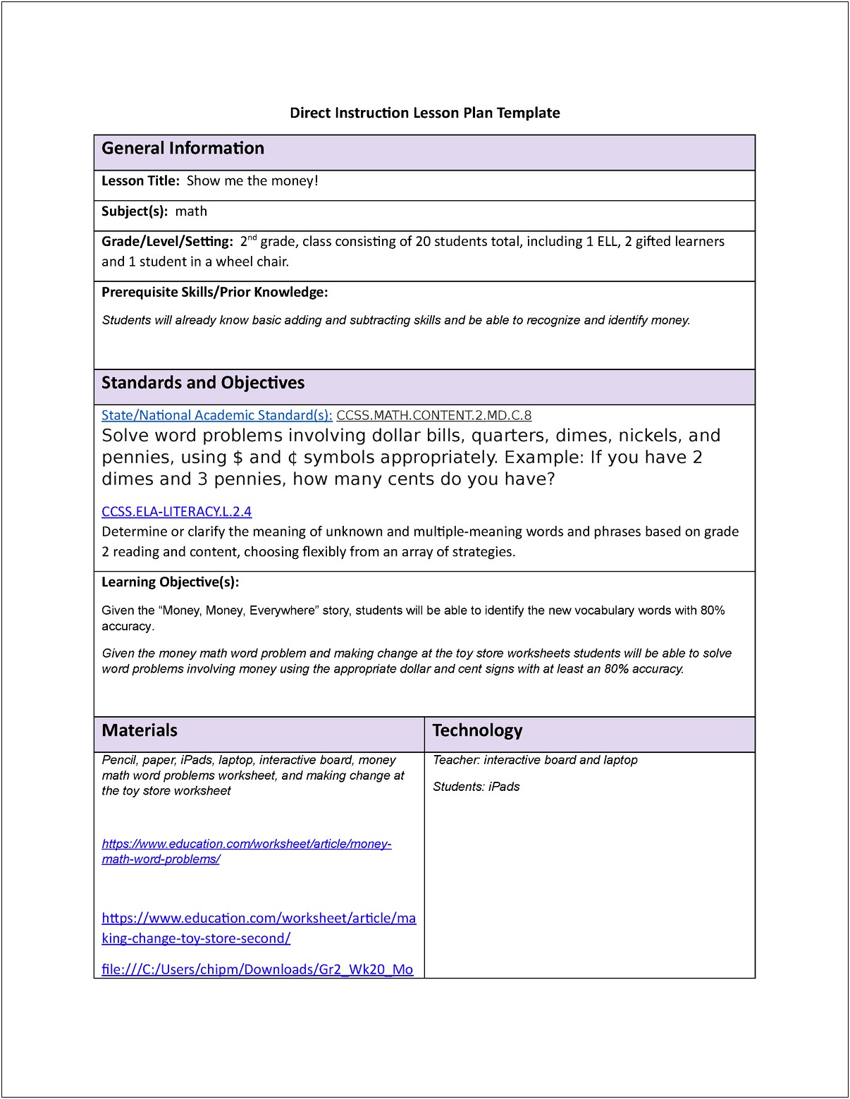 Multi Day Money Lesson Plan Template