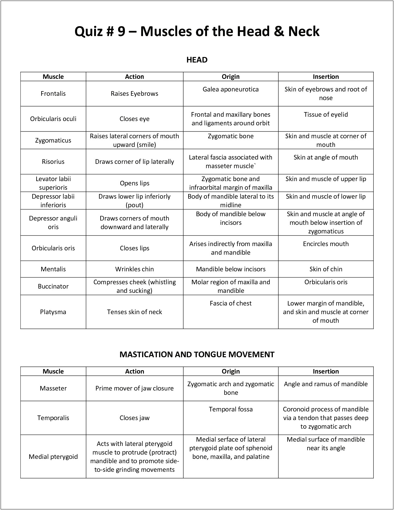 Muscle Origin Insertion Action Template Word