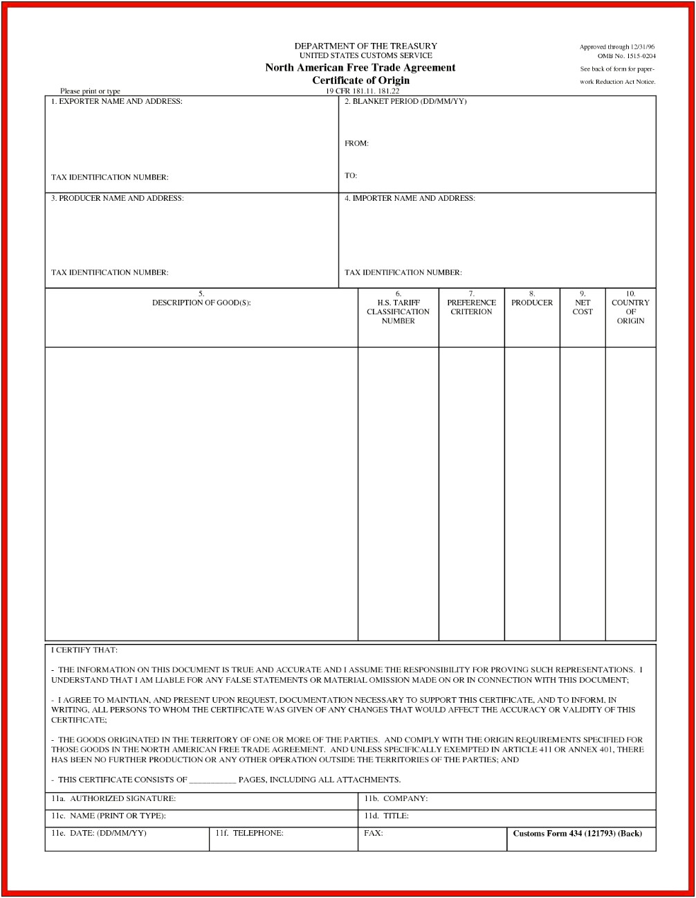 Nafta Certificate Of Origin Word Template