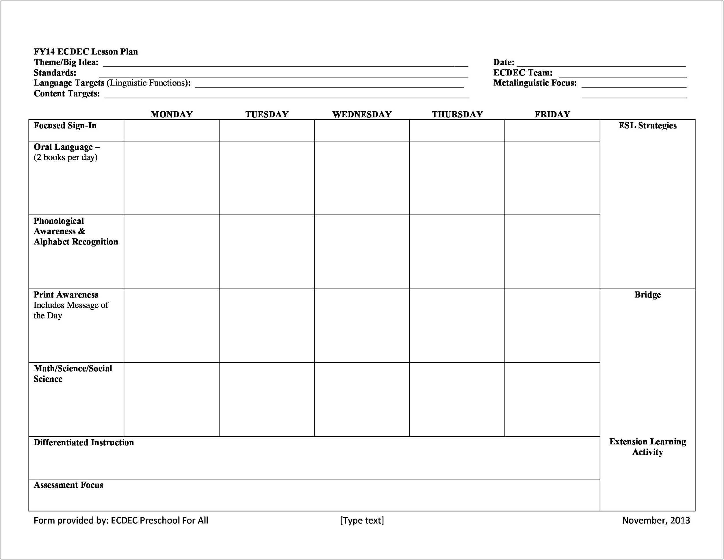 Nc Pre K Lesson Plan Template