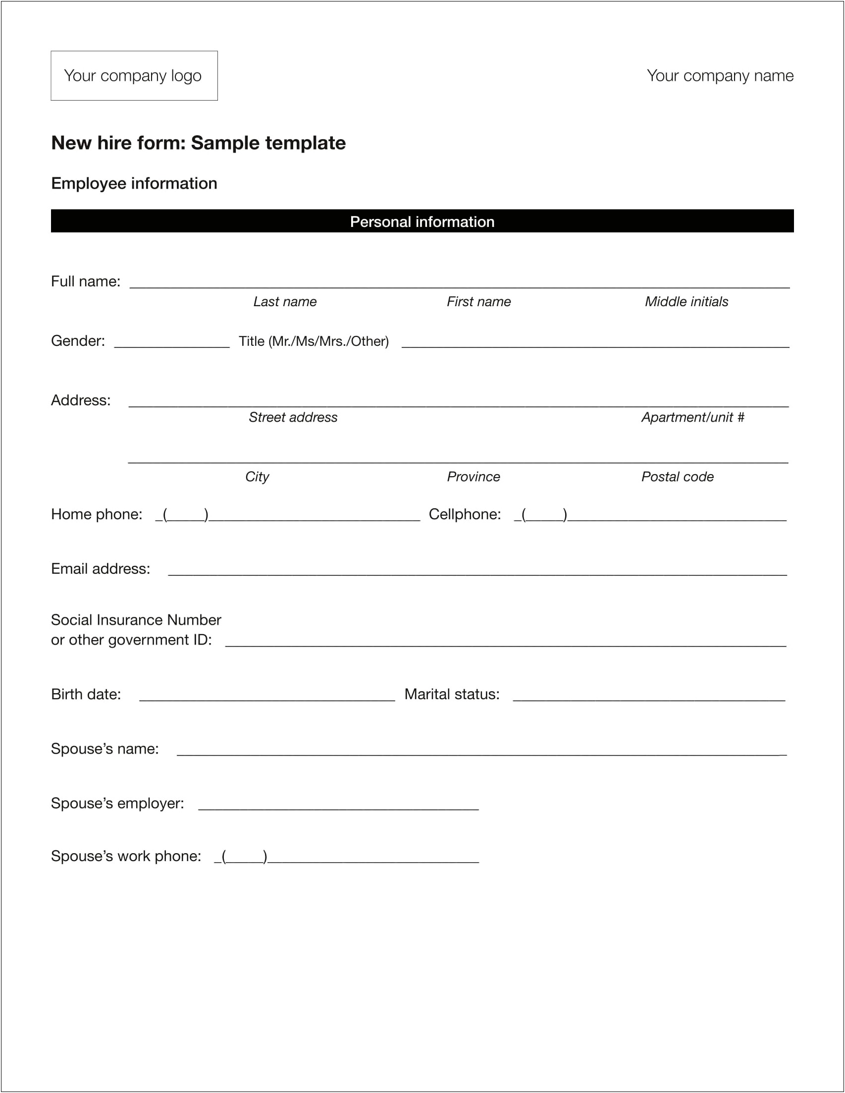 New Employee Information Form Word Doc Template