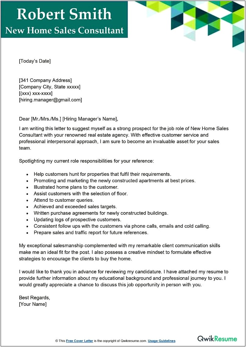 New Home Sales Cover Letter Template