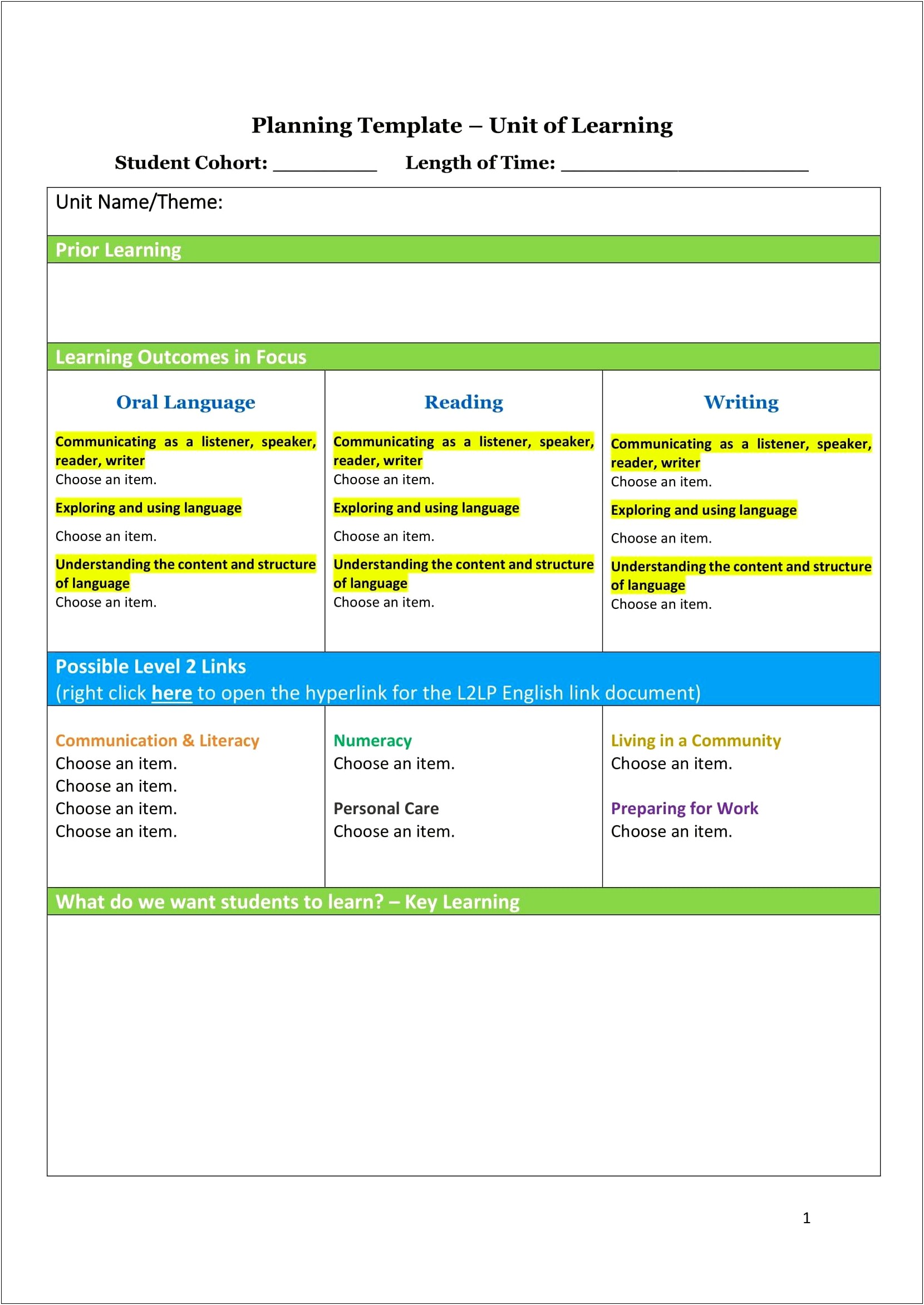 New Language Curriculum Short Term Planning Template