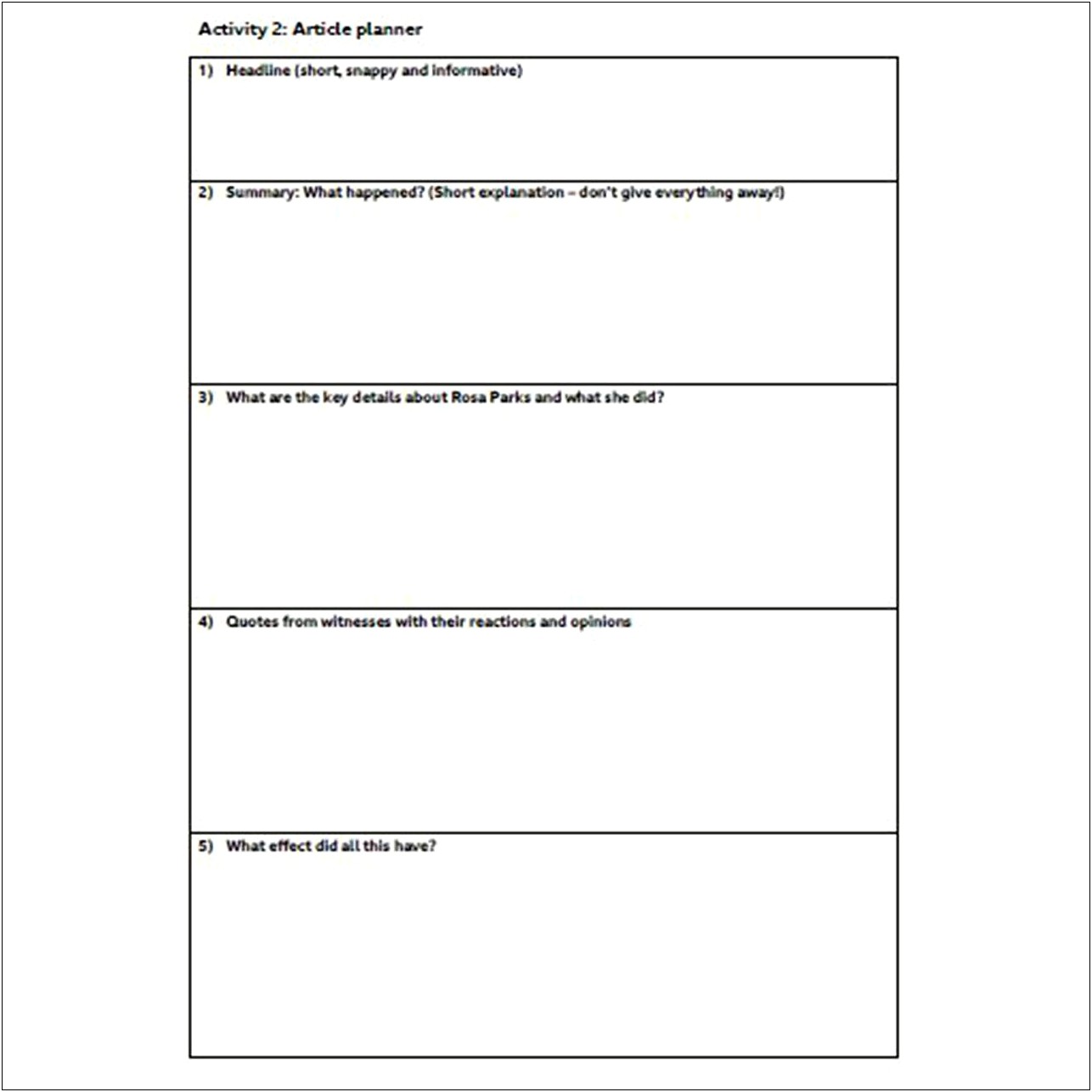 Newspaper Report Planning Template Year 3