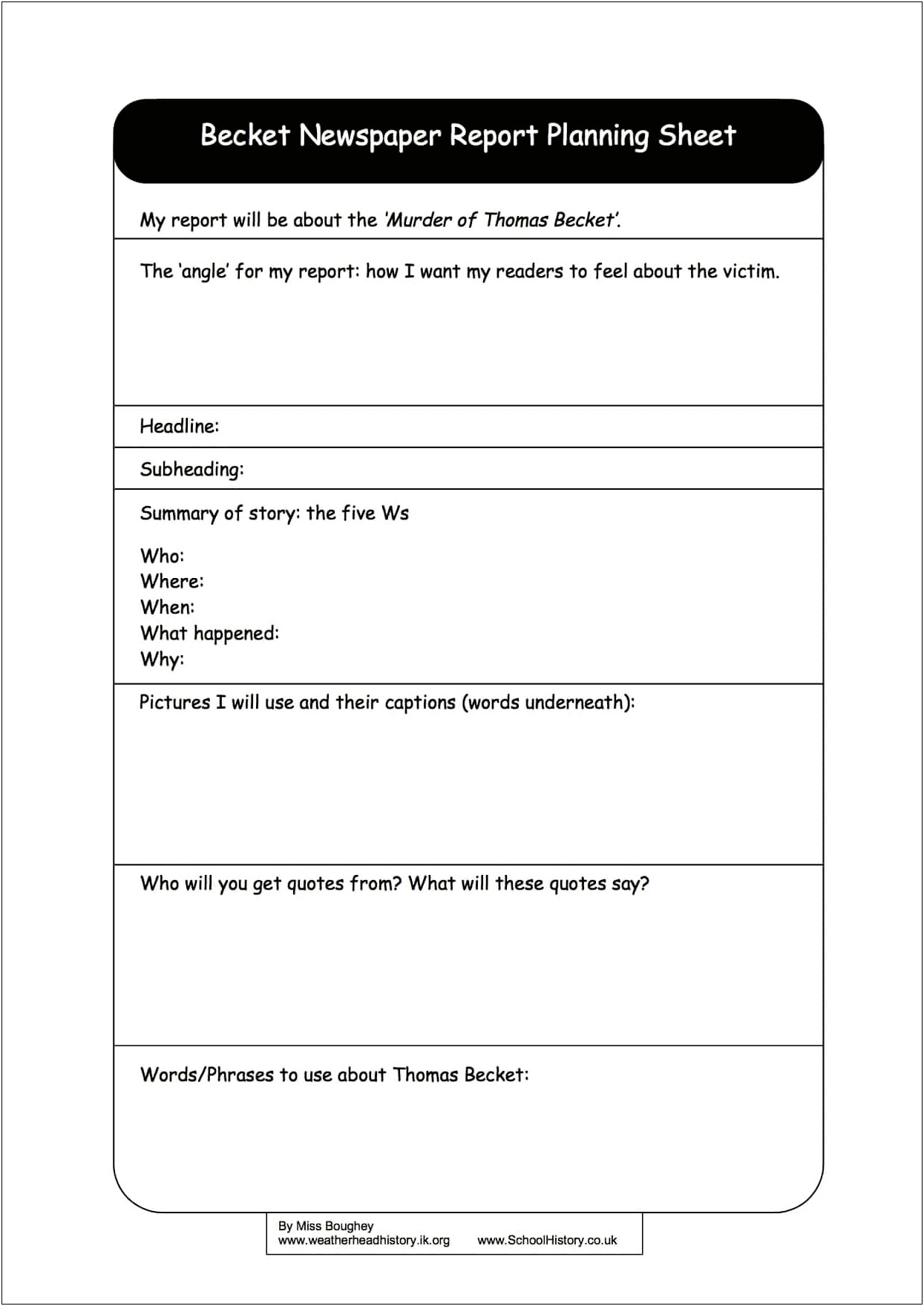 Newspaper Report Planning Template Year 5