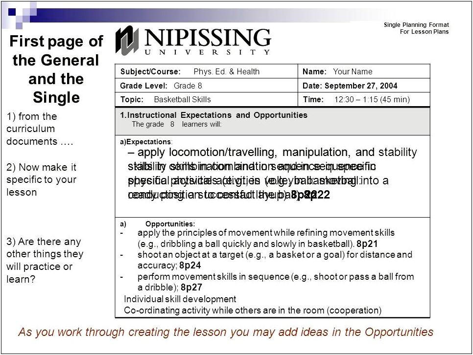 Nipissing University Lesson Plan Template 2015