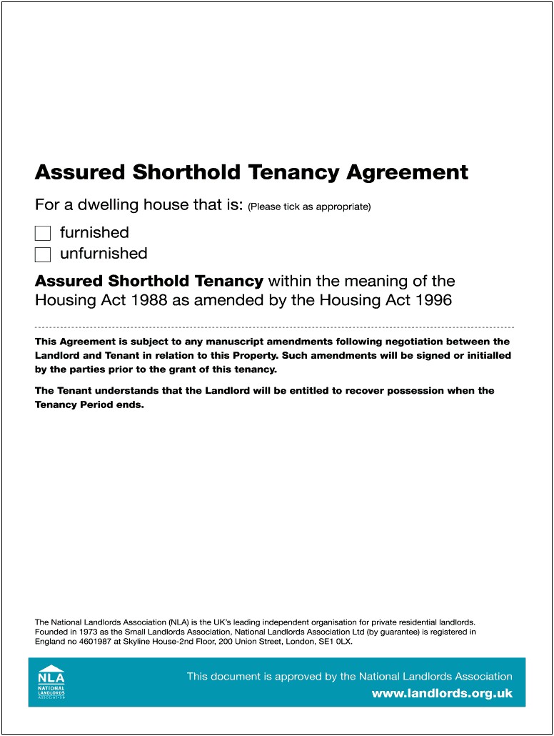 Nla Assured Shorthold Tenancy Agreement Template Word