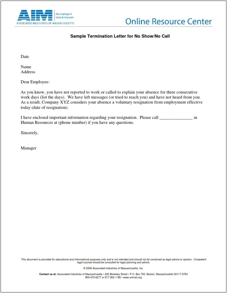 No Call No Show Termination Letter Template