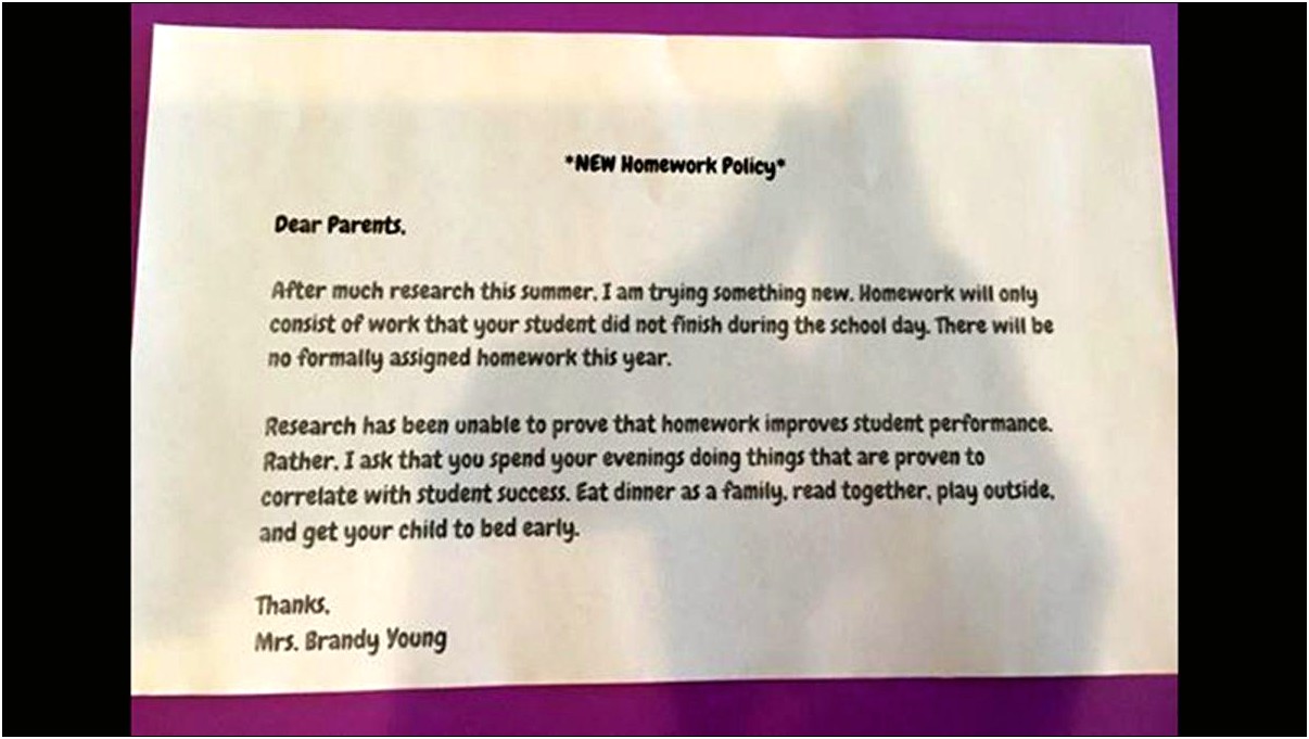 No Homework Letter To Parents Template