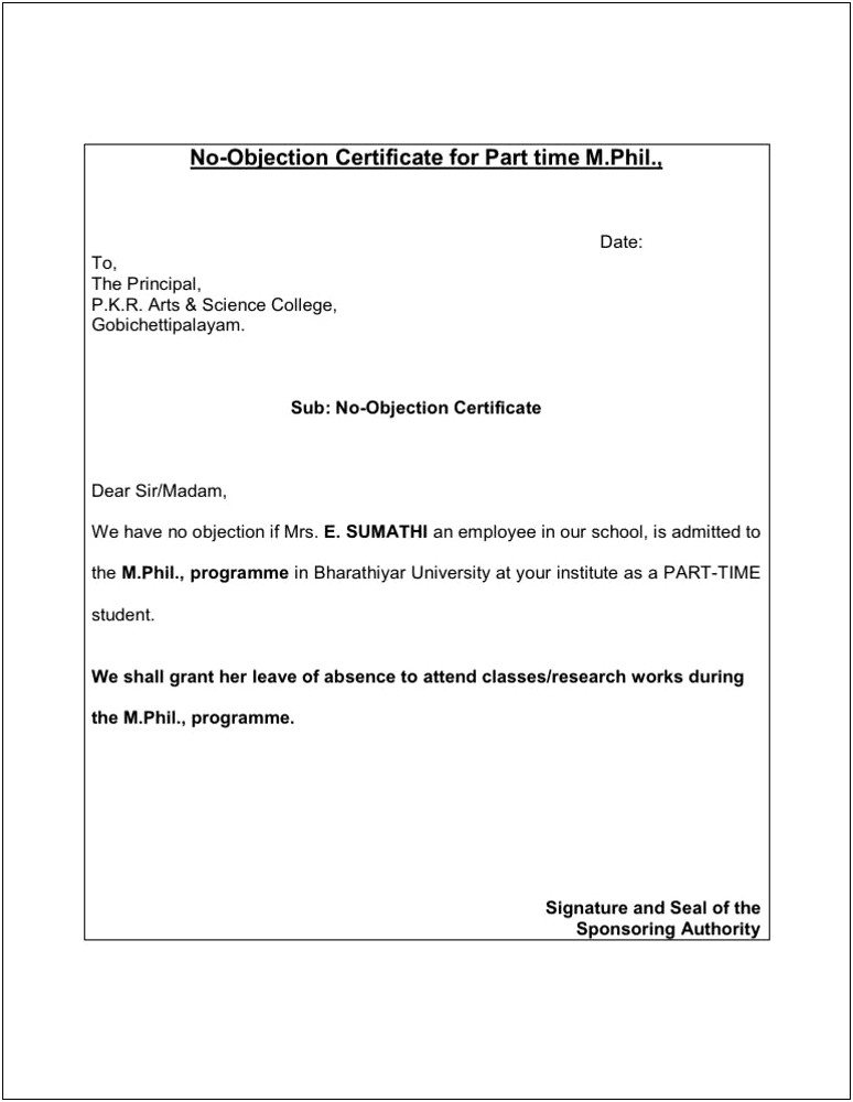 No Objection Letter From School Template