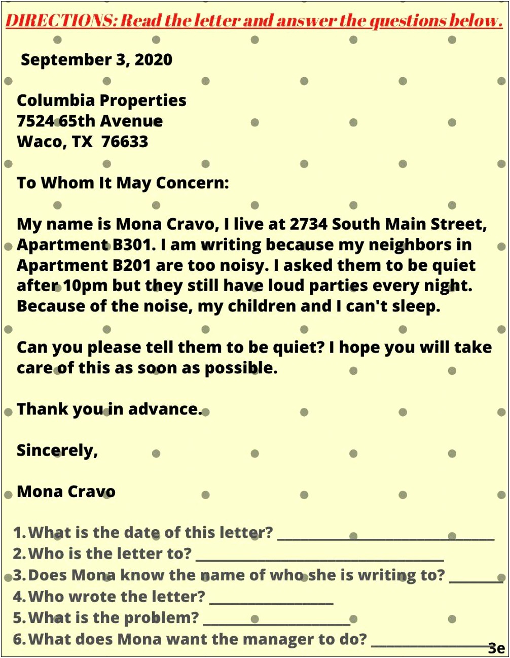 Noise Complaint Letter Template For Apartments